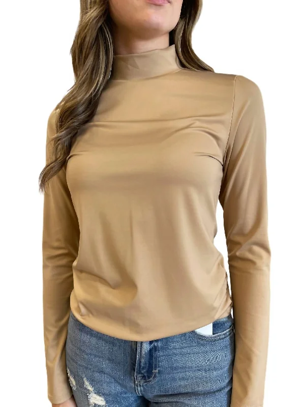 So Smooth Mock Neck Long Sleeve Top In Taupe