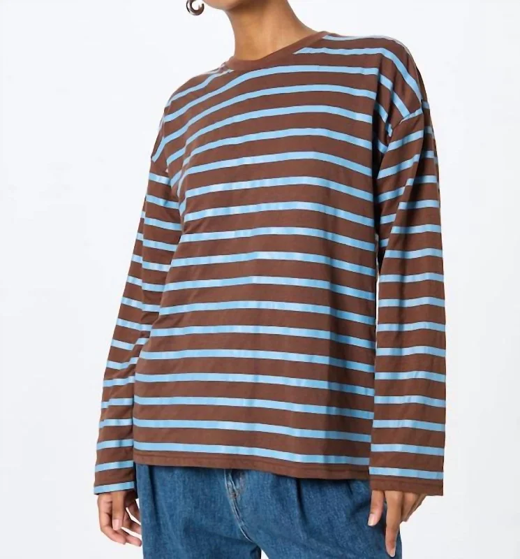 Striped Crew Neck Long Sleeve Top In Navy/brown