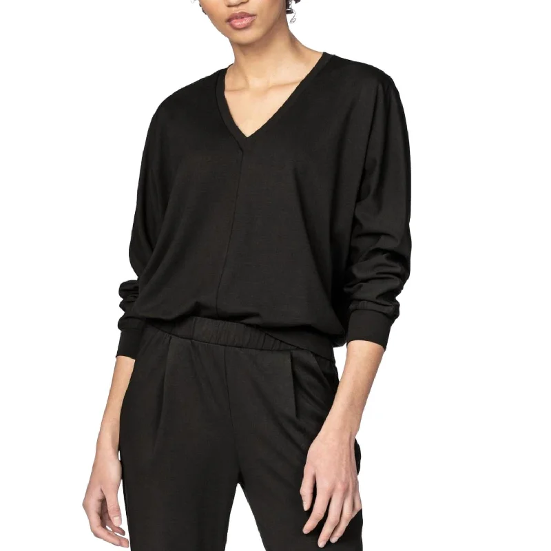 V-Neckline Dolman Long Sleeve Top In Black