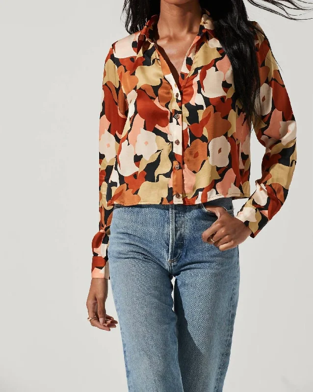 Yesenia Abstract Print Long Sleeve Top In Black Rust Floral