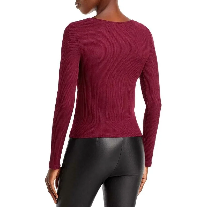 Aqua Women's Ribbed Long Sleeve Top Red Size Small