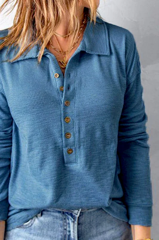 WOMEN HENLEY NECK COLLARED CASUAL LONG SLEEVE TOP