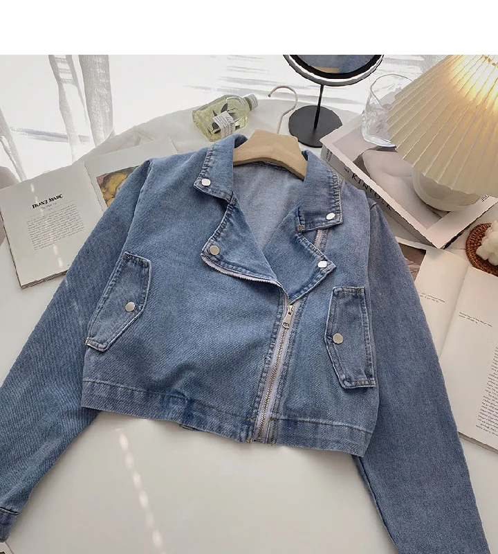 Denim jacket casual zipper design long sleeve top  6216