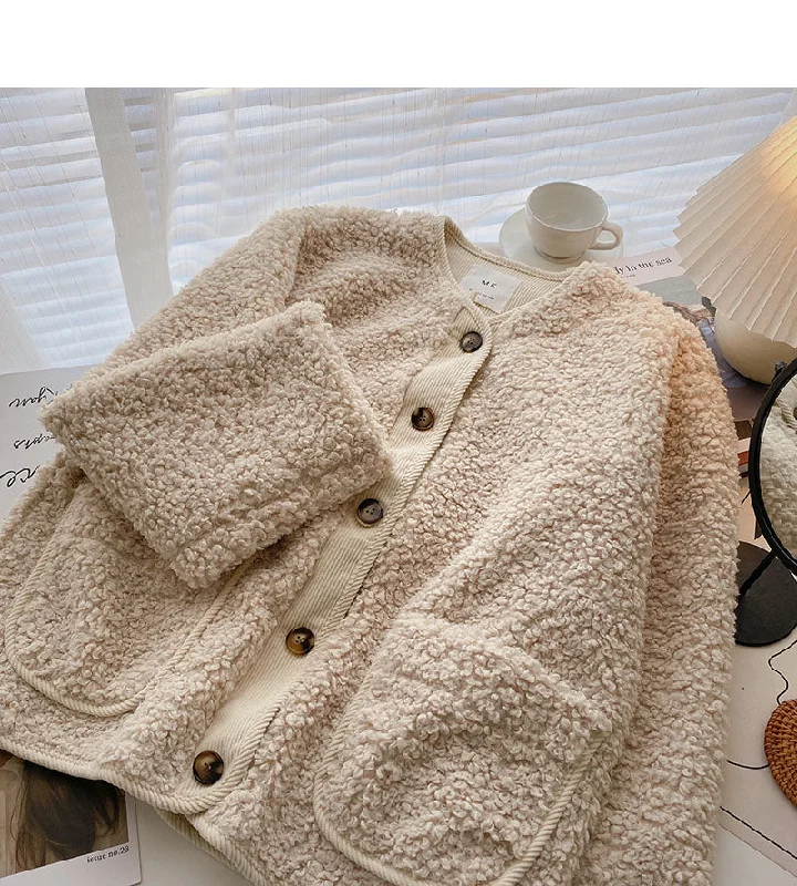 Lamb wool coat female Korean minority design loose pocket long sleeve top  6221