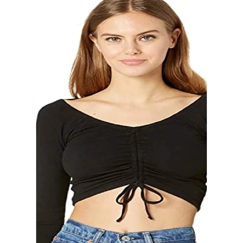 Madden Girl Women's Cinched Front Cropped Long Sleeve Top Black Size Medium