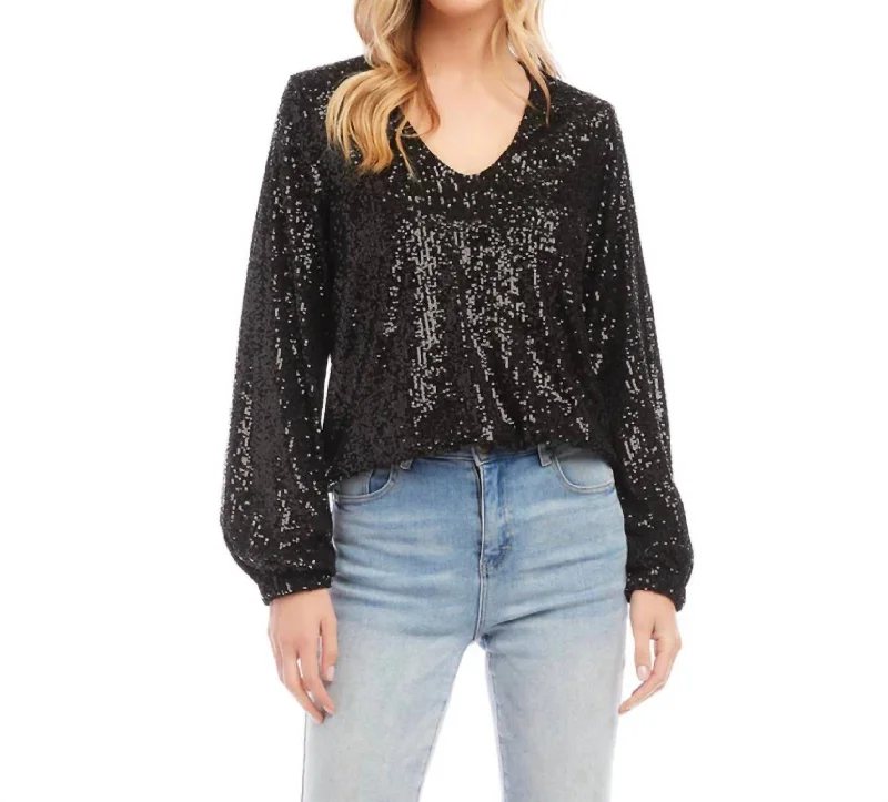 Sequin Long Sleeve Top In Black